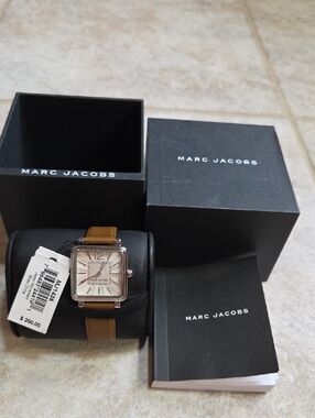 Marc Jacobs Womens Square Silver Dial Watch with Tan Leather Strap